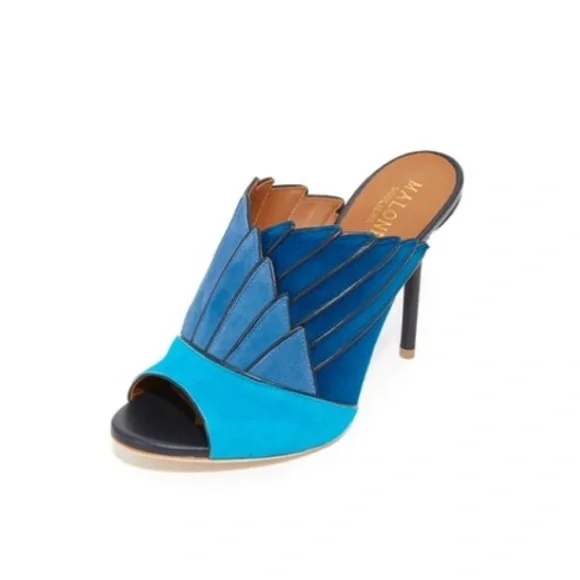 Malone Souliers Donna Fanned Blue Suede Colorblock Mules Heels Shoes Sandals - Picture 1 of 15